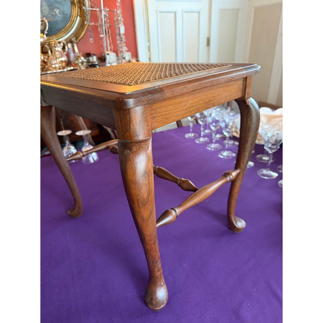 Vintage Walnut Cane Seat Cabriole Leg Spindle Stretcher Piano Bench With Cushion For Sale - Image 4 of 12