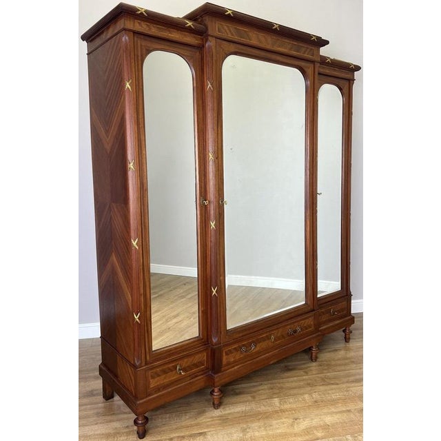 Wardrobe Antique French Style Three Door Inlaid Burr Mirrored Armoire Lot 6163 For Sale - Image 14 of 14