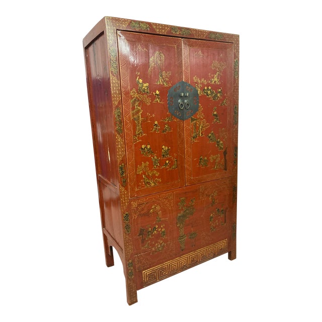 Late Qing Dynasty Chinese Red Lacquered Tall Wedding Chest For Sale
