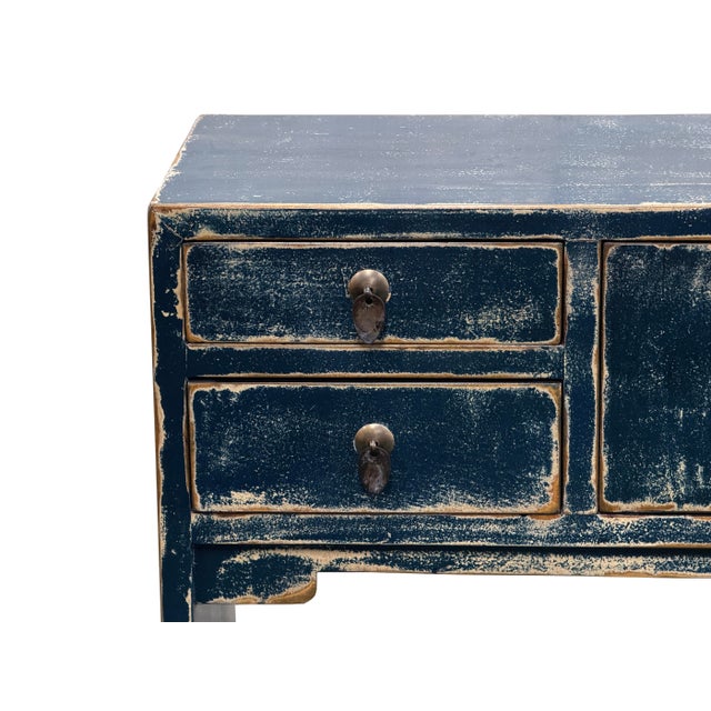 Ink Blue 53" Distressed Dark Ink-Blue Drawers Narrow Console Credenza Table For Sale - Image 8 of 14