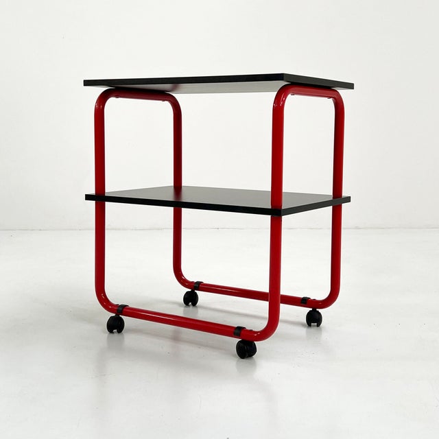 Tubular Console Table on Wheels in Metal and Wood, 1980s, in Good conditions. Designed 1980 to 1989