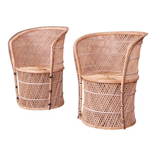 Organic Modern Wicker and Rattan Club Chairs, Pair For Sale