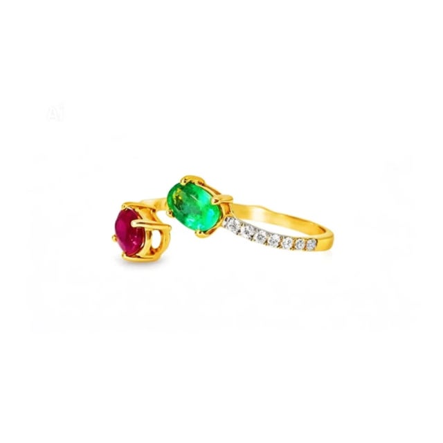 Late 20th Century 18K Gold Diamond Ruby Emerald Sapphire Duo Bypass Ring Estate, Size 7.5 For Sale In Miami - Image 6 of 6