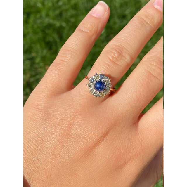 Gold The Tana: Antique Mixed Metal Sapphire Cabochon and Old Mine Cut Diamond Halo Ring For Sale - Image 8 of 9