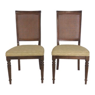 Mid 20th Century Pair Ethan Allen Mid-Century Walnut Cane Back and Upholstered Side Chairs For Sale
