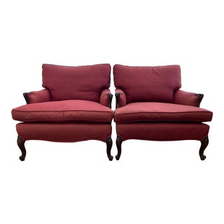 Pair Vintage Upholstered Loose Down Wrapped Cushion Arm Chairs - a Pair For Sale