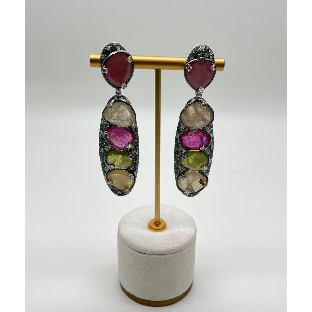 Modern Unique Multi Color Sapphire Emerald Diamonds 18k White Gold Statement Earrings, A Pair For Sale - Image 3 of 11