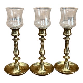 Set of 3 Vintage English Brass Chambersticks W/ Glass Hurricane Chimneys For Sale