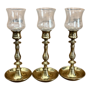 Set of 3 Vintage English Brass Chambersticks W/ Glass Hurricane Chimneys