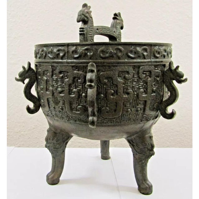 Asian Vintage 1960's Ice Bucket Asian Motif Verdigris James Mont Style Barware For Sale - Image 3 of 12