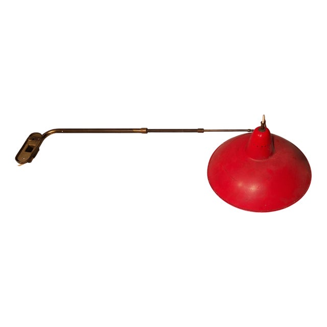 Vintage Wall Lamp in Brass with Double Extension and Red Lampshade, 1950s For Sale