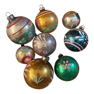 1940s Colorfully Painted Mercury Glass Christmas Ornaments- Set of 8 For Sale
