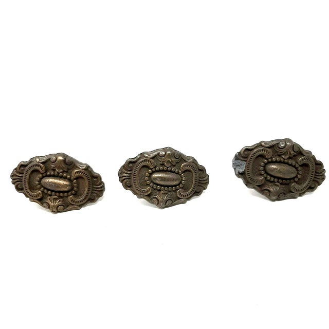 Early 20th Century Ornate Drawer Knob Metal Hardware - Lot of 3 For Sale - Image 9 of 9