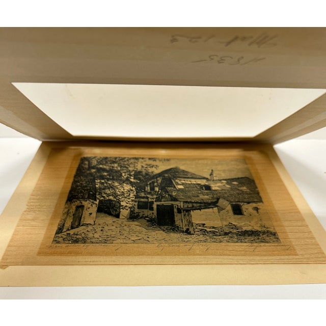 Printmaking Materials European Village Scene, Etching on Wood Paper, Pencil Signed, Early 20th Century For Sale - Image 7 of 8
