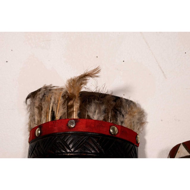 Pair of Vintage African Tribal Hand Carved & Painted Wooden Mask With Feathers For Sale In Detroit - Image 6 of 7