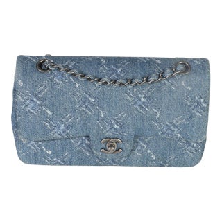 Blue Bleached Chain Printed Denim Medium Classic Double Flap Bag For Sale
