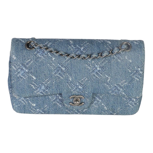 Blue Bleached Chain Printed Denim Medium Classic Double Flap Bag For Sale