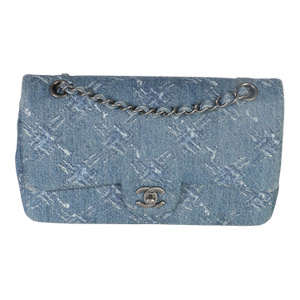Blue Bleached Chain Printed Denim Medium Classic Double Flap Bag