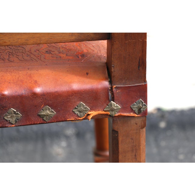 Early 20th Century Spanish Colonial Style Carved Wood and Tooled Leather Long Bench For Sale - Image 11 of 18