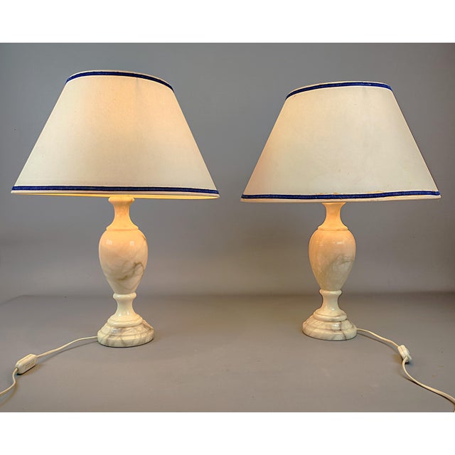 Beige Marble Table Lamps with Shades, 1950s, Set of 2 For Sale - Image 8 of 8