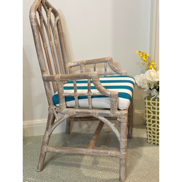4 Refurbished Henry Link Cathedral Rattan Bamboo Arm Chairs. Professionally Upholstered in Teal and White Striped Sunbrella Outdoor Fabric For Sale - Image 11 of 12