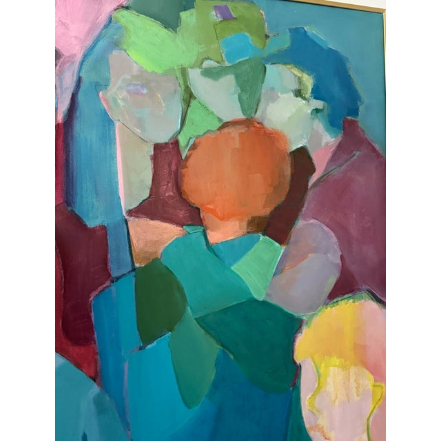 Large-scale contemporary figurative abstract painting featuring a striking composition of faceted figures rendered in...