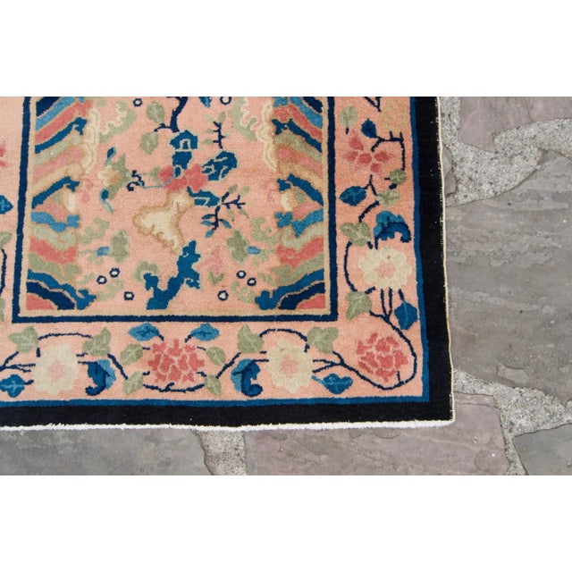 1910s Antique Chinese Botanical Figural Design Navy Blush Hand Knotted Pile Rug - 3’2” X 5’9” For Sale In Los Angeles - Image 6 of 10