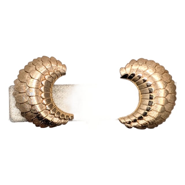 Vintage 1950s Signed Crown Trifari Goldtone Scaled Half Moon Clip Earrings-2 Pieces For Sale