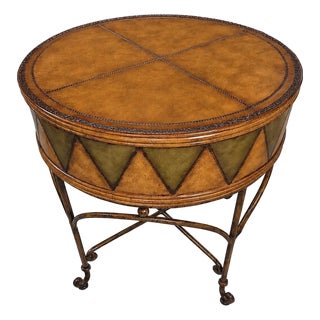 Butler Specialty Co. Hand-Painted Tooled Leather & Iron Drum Accent Table For Sale