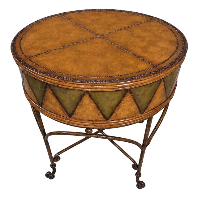 Butler Specialty Co. Hand-Painted Tooled Leather & Iron Drum Accent Table For Sale