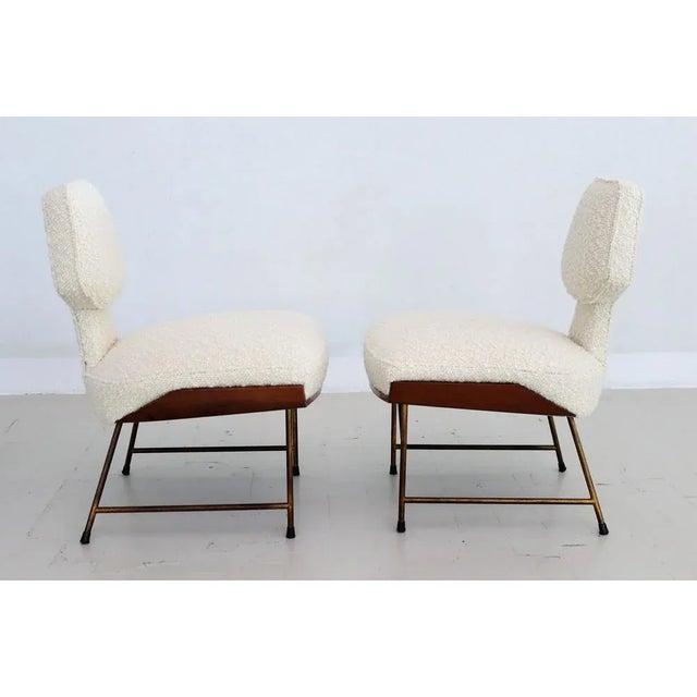 Mid-Century Italian Wood & Bouclé Slipper Chairs & Footstool, 1950, Set of 3 For Sale - Image 15 of 18