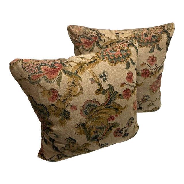 Pair of Pillow Covers Made With a Vintage Linen Print Fragment For Sale