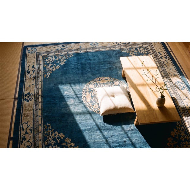 1920s Blue Navy Medallion Antique Chinese Peking Rug 8' 4" X 7' Knotted Pile Wool Carpet For Sale - Image 16 of 18