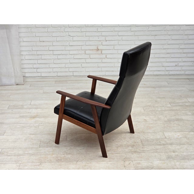 Danish Armchair in Black Artificial Leather and Teak Wood, 1970s For Sale - Image 13 of 18