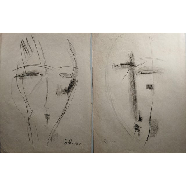 Mario Salmaso, Pair of Faces, 1964, Charcoal on Paper For Sale