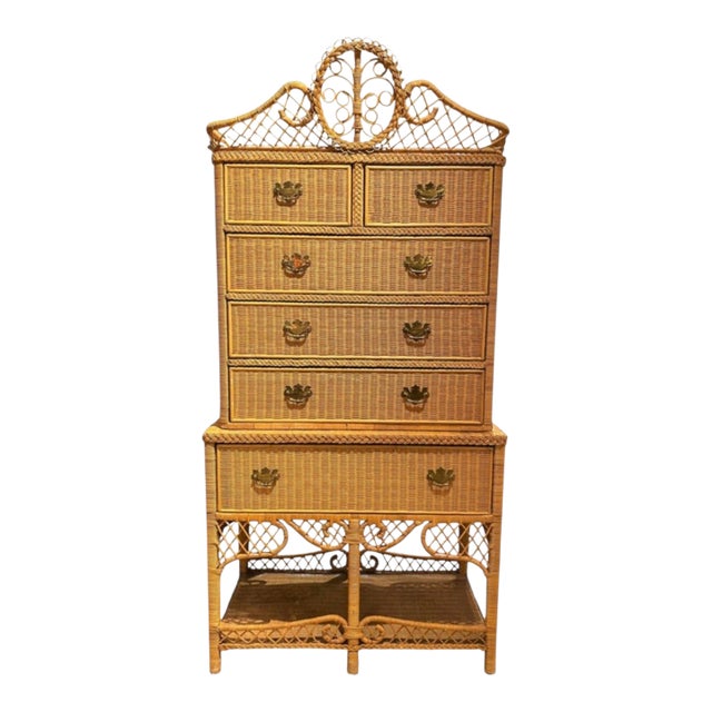 1970s Ralph Lauren Woven Wicker Rattan Highboy Dresser For Sale
