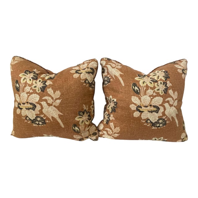 2 Rose Cummings Macclesfield Chestnut Floral Linen 20” Pillows. Feather Down For Sale