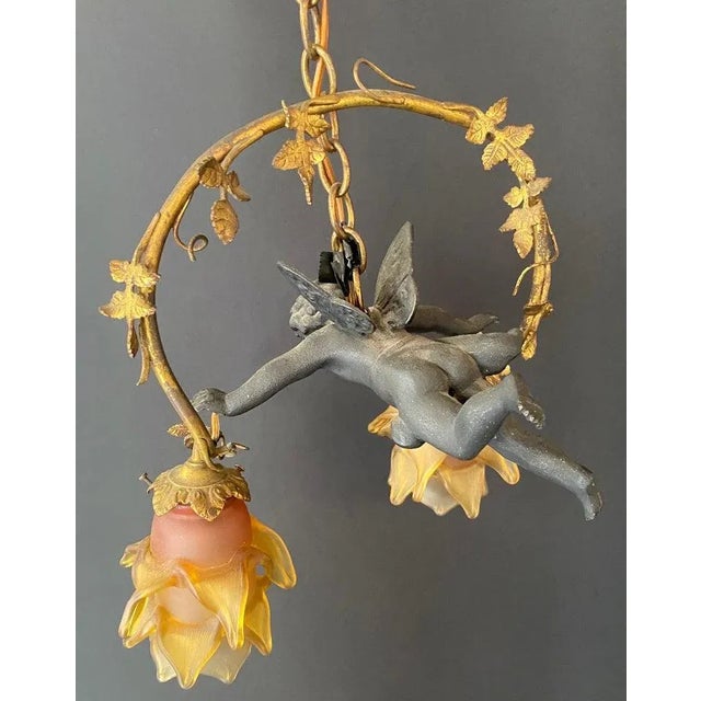 Brass French Art Nouveau Bonze Flying Putto Cherub & Lalique Frosted Glass Tulip Shades For Sale - Image 8 of 11