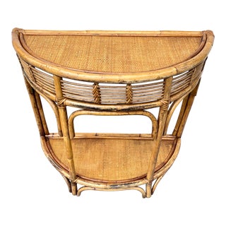 Mid 20th Century Vintage Curved Bamboo and Rattan Demi-Lune Console Table With Shelf For Sale