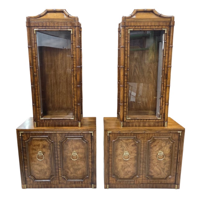 Mid 20th Century Pair of Mid 20th Century Weiman Faux Bamboo Burl Pagoda Vitrines on Matching Cabinets For Sale - Image 5 of 18