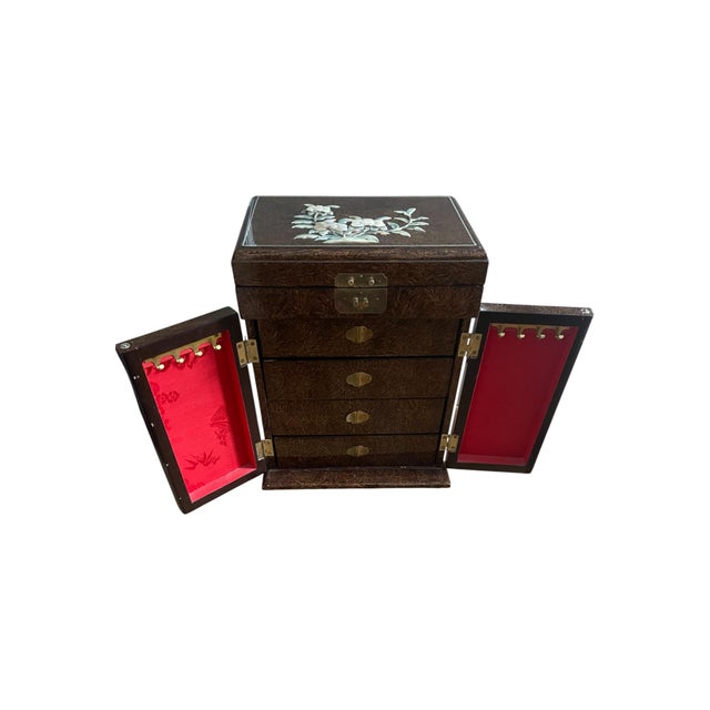 Vintage Midcentury Chinoiserie Brown Lacquer Shell Inlay Jewelry Box Cabinet For Sale - Image 4 of 15