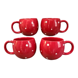 Vintage Avla-Sincere Valentine Red White Polka Dot Coffee Tea Hot Chocolate Mugs- Set of 4