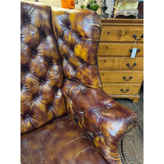 Vintage Chesterfield Style Leather Wingback Chair For Sale In Pittsburgh - Image 6 of 11