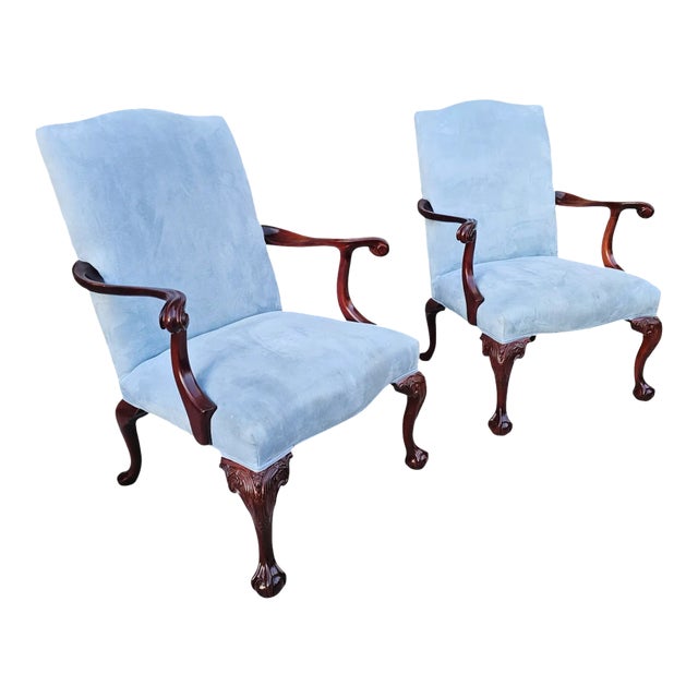 Pair of Vintage Mahogany and Suede Gainsborough Armchairs For Sale