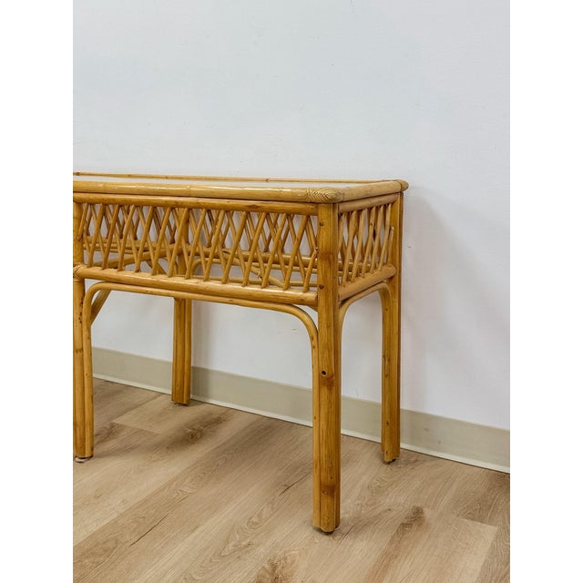Vintage Coastal Wicker Rattan Console Table Woven Lattice Glass Top Beige Boho For Sale - Image 11 of 14