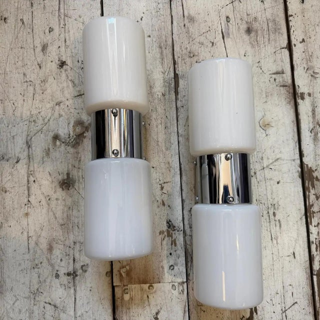 Set of Two 1960s Space Age Steel and Glass Italian Big Wall Sconces by Mazzega For Sale - Image 15 of 17