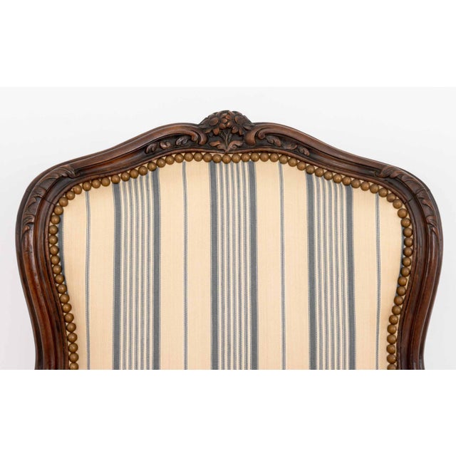 Wood Pair of Louis XV Style Walnut Striped Linen Upholstered Fauteuils For Sale - Image 7 of 9