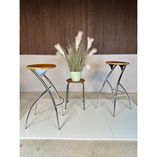 Postmodern Chromed Steel and Beech Bar Stools, Italy, 1990s, Set of 2 For Sale - Image 10 of 11