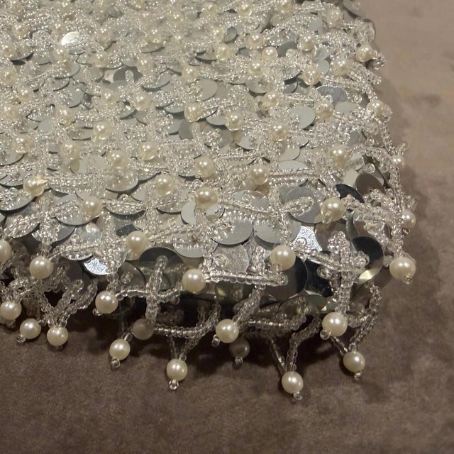 1950s Retro Silver Silk, and White Beads Hand-Crafted Italian Evening Bag For Sale - Image 4 of 9