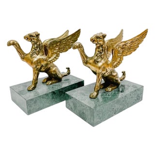 1970s Brass Griffins on Green Marble Bases Bookends - A Pair For Sale